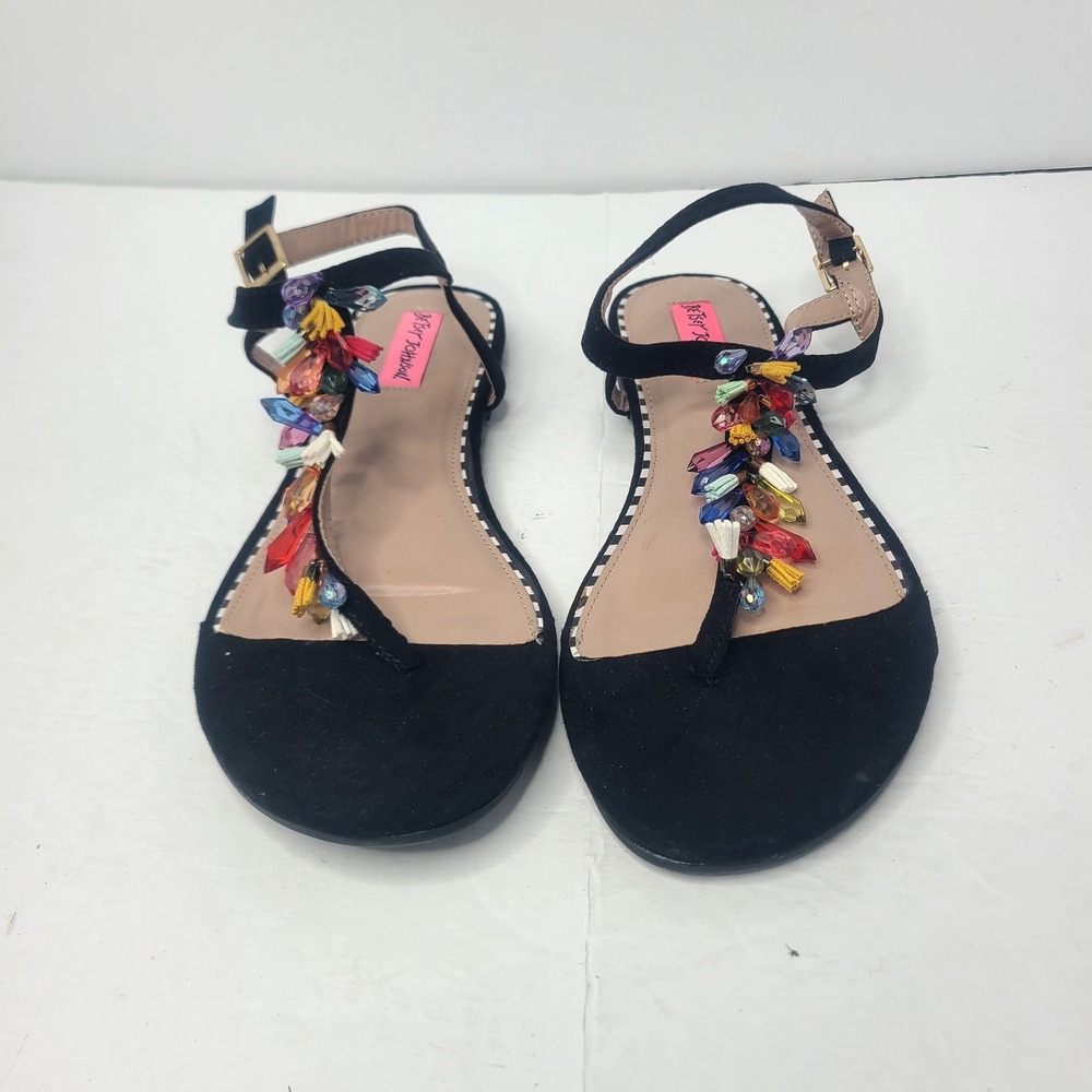 Betsey Johnson Colorful Gemstone T-Strap Flat Sandals Black Boho Bling 8.5 - Picture 4 of 9